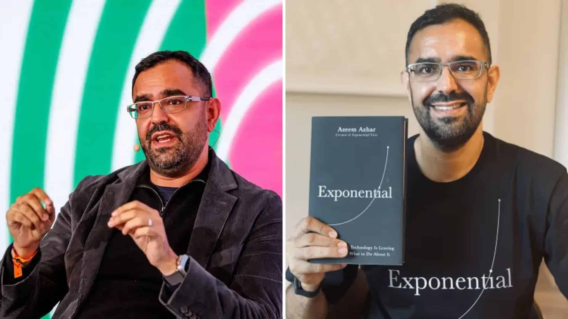 plit screen with Azeem Azhar speaking on left and holding book on right