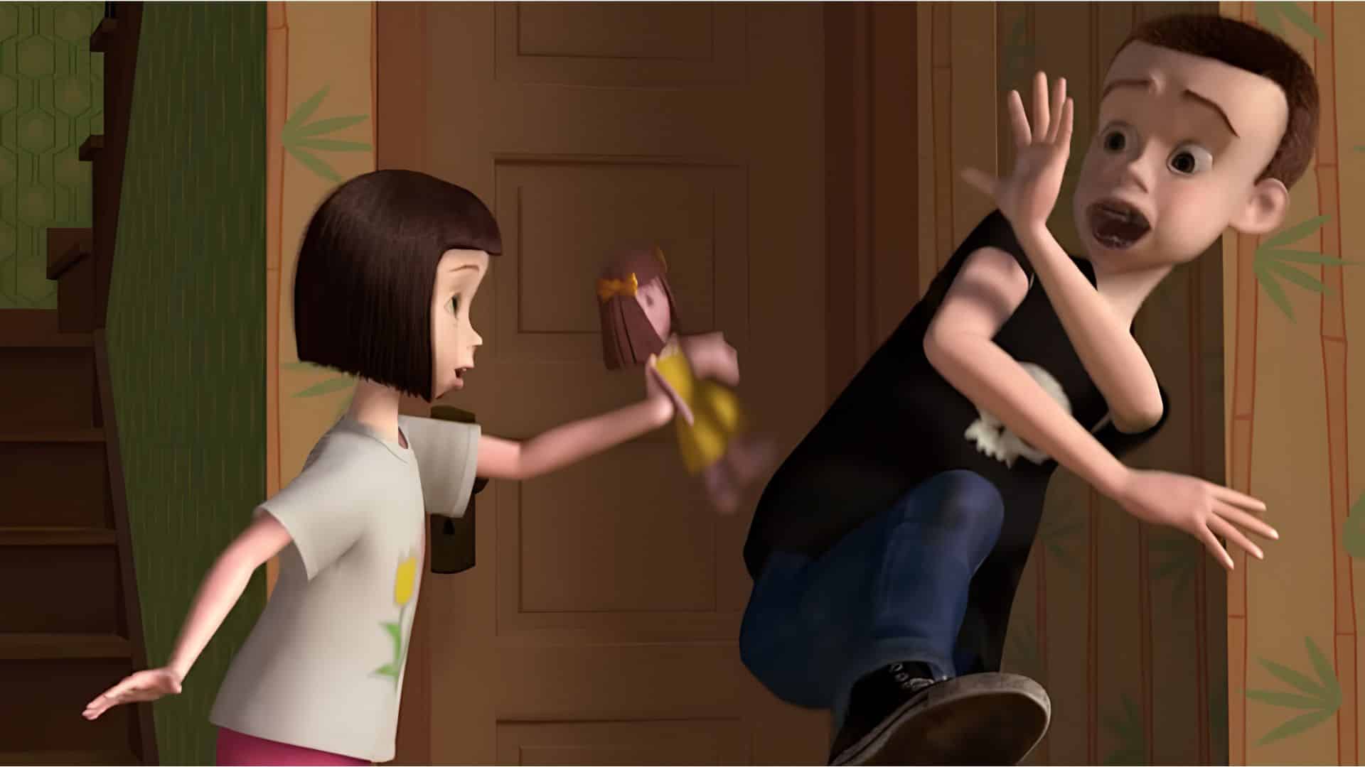 Hannah Phillips holding a doll while Sid Phillips reacts in surprise inside their house in Toy Story.