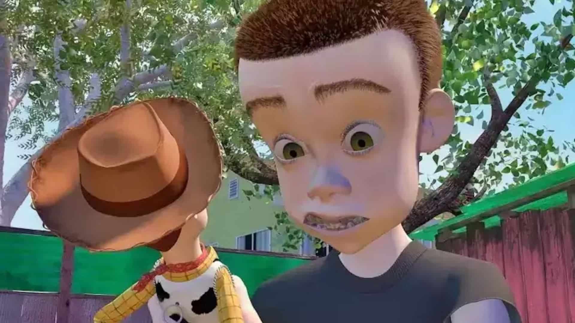 Sid Phillips, the toy-destroying neighbor from Toy Story, staring at Woody with a mischievous expression outdoors.
