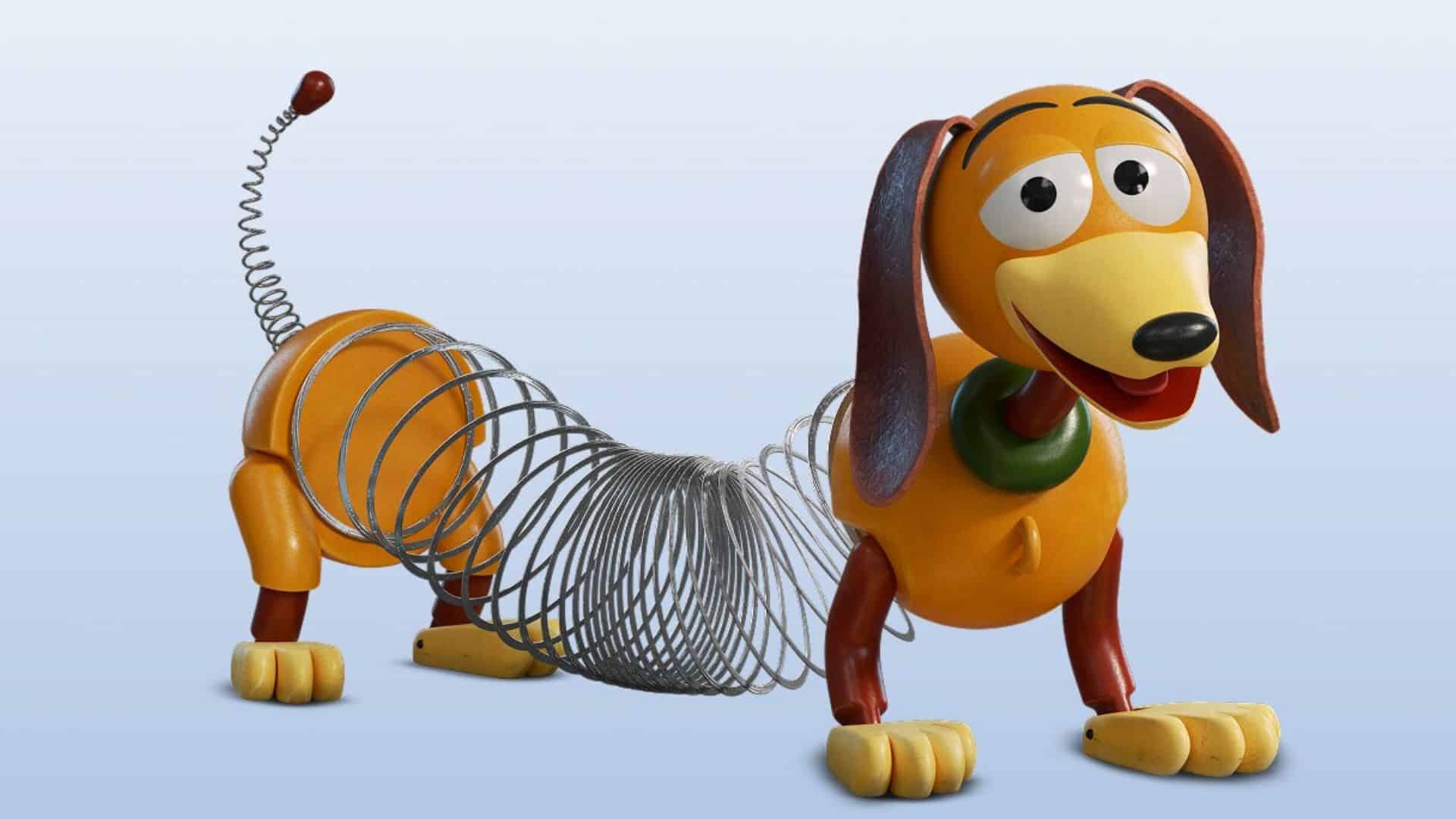 Slinky Dog from Toy Story, the toy dachshund with a spring body, smiling and standing on a light background.