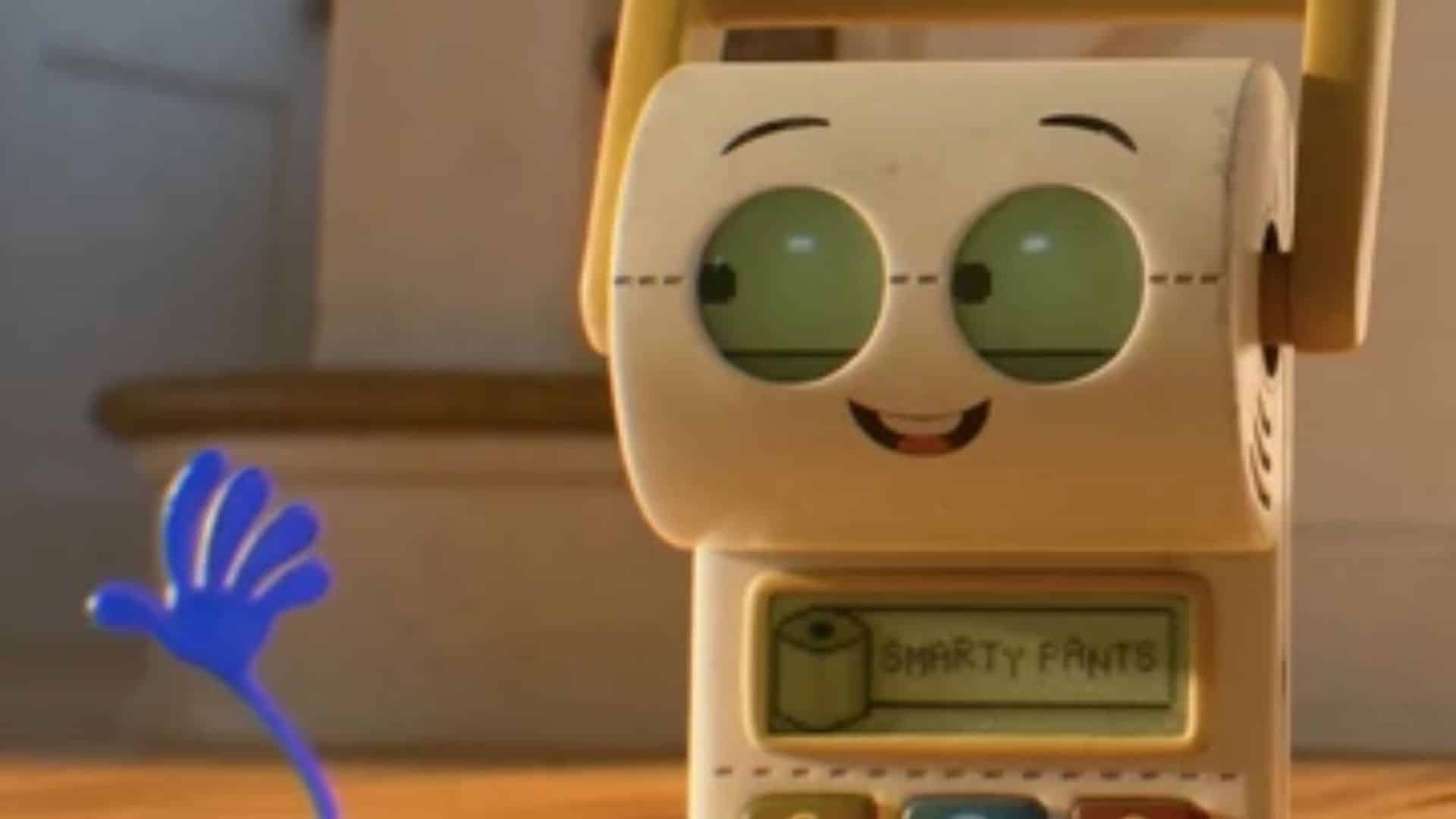 Smarty Pants, a cheerful toy with round green glasses and a smiling face, standing beside a blue hand toy.