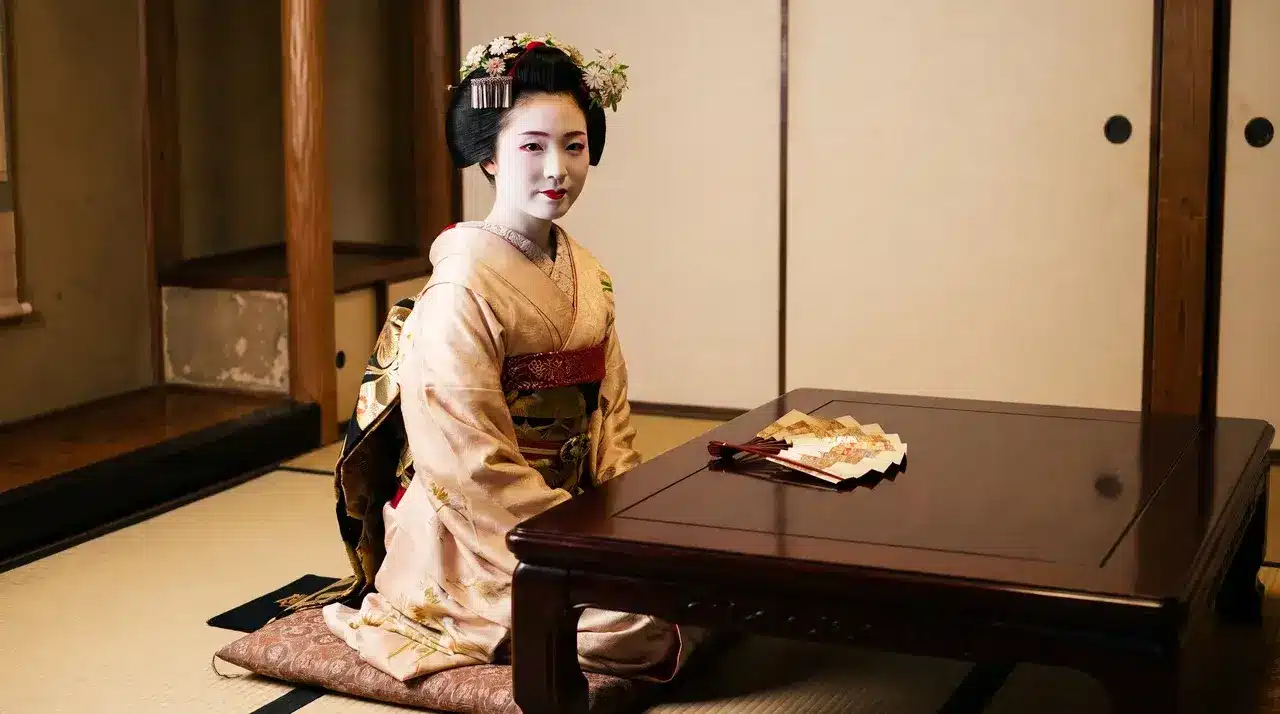Geisha woman in traditional white oshiroi makeup and red lips representing ancient Japanese beauty standards.