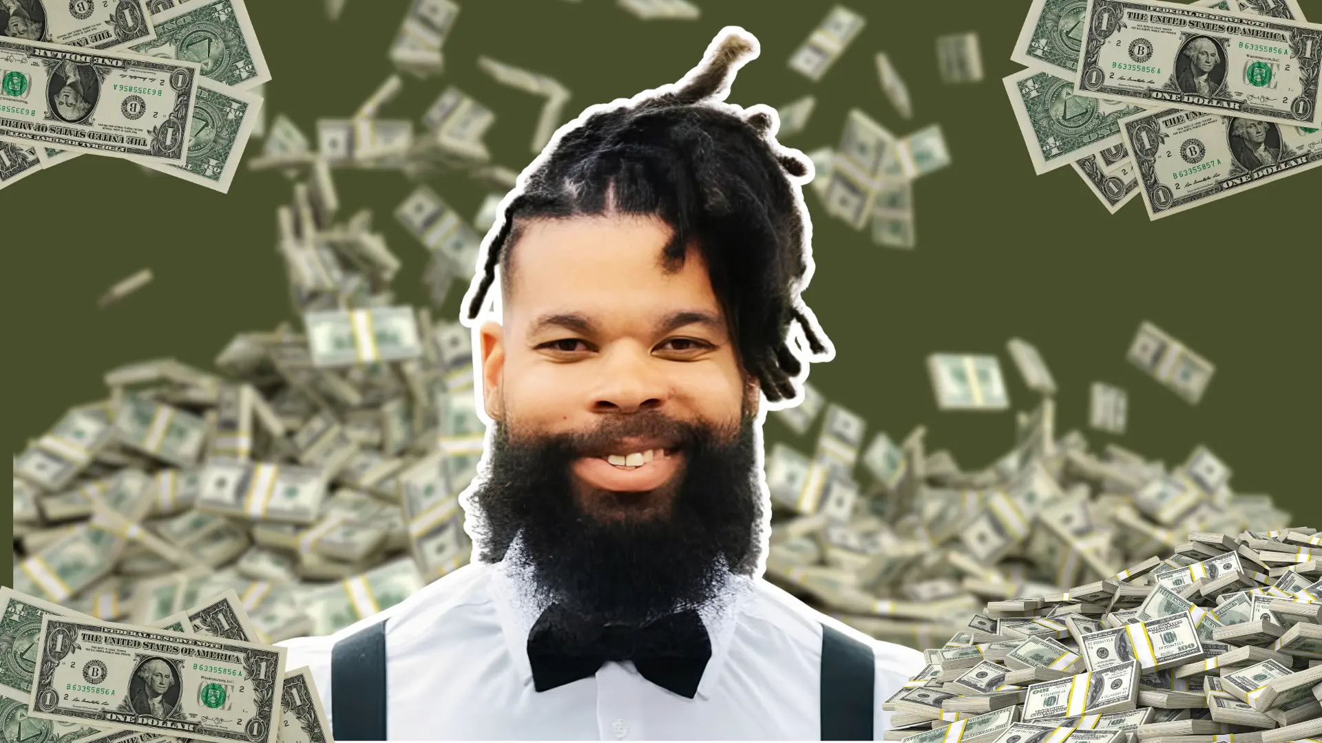Damon Darling smiling in a bow tie surrounded by cash stacks representing his estimated $2 million to $5 million net worth in 2026.