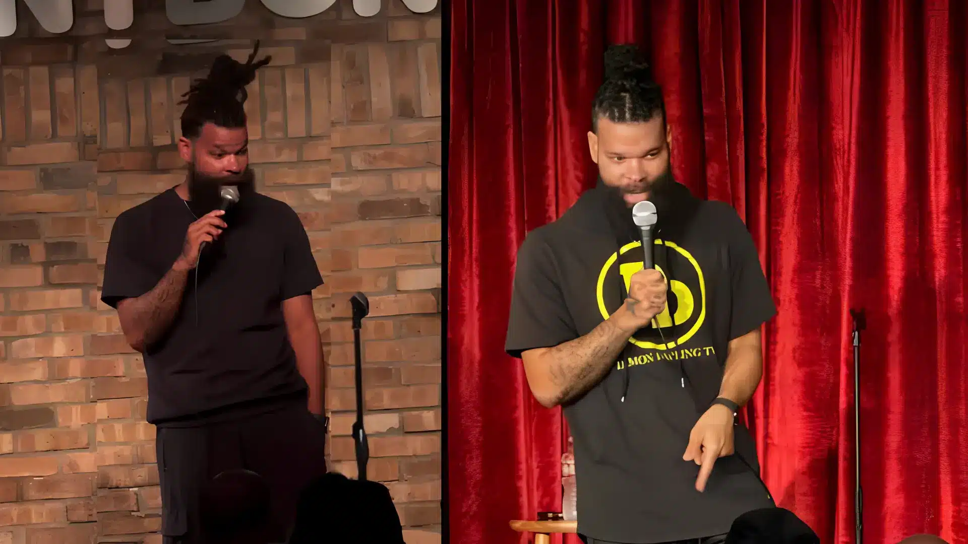 Damon Darling performing stand-up comedy on stage at two different venues wearing his Damon Darling TV branded shirt.