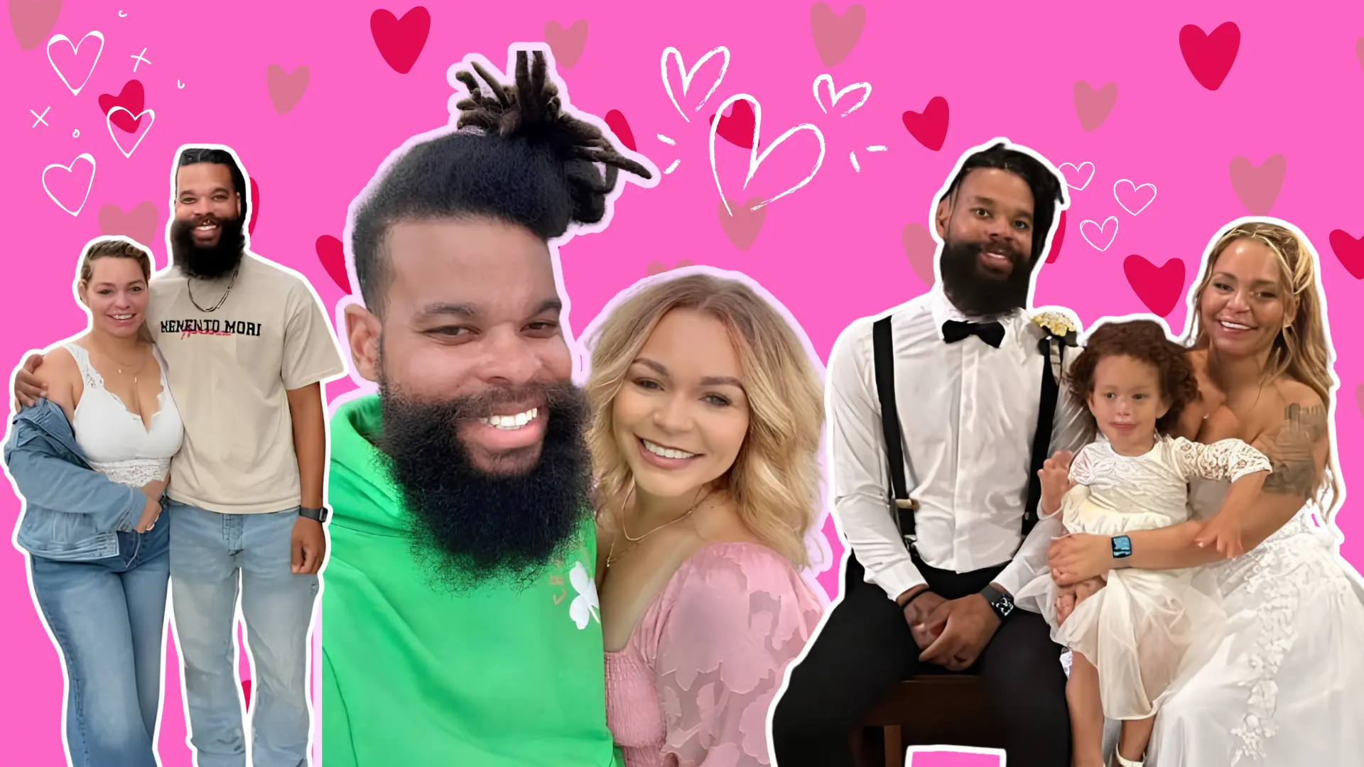 Damon Darling and his wife Amanda in multiple photos including casual outings and their wedding day with their child.