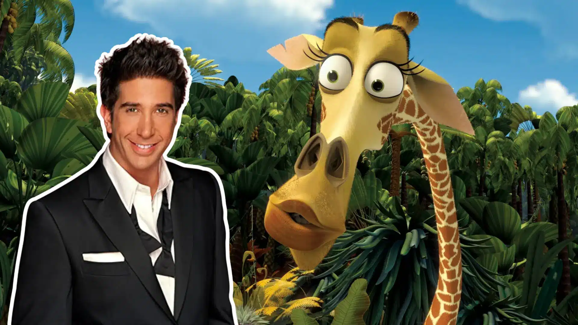 David Schwimmer next to an animated giraffe character from Madagascar, set against a lush green jungle background with blue sky.