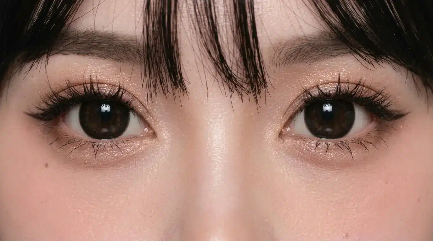 Close-up of Japanese woman's eyes with droopy eyeliner and curled lashes showing japanese beauty eye standards.