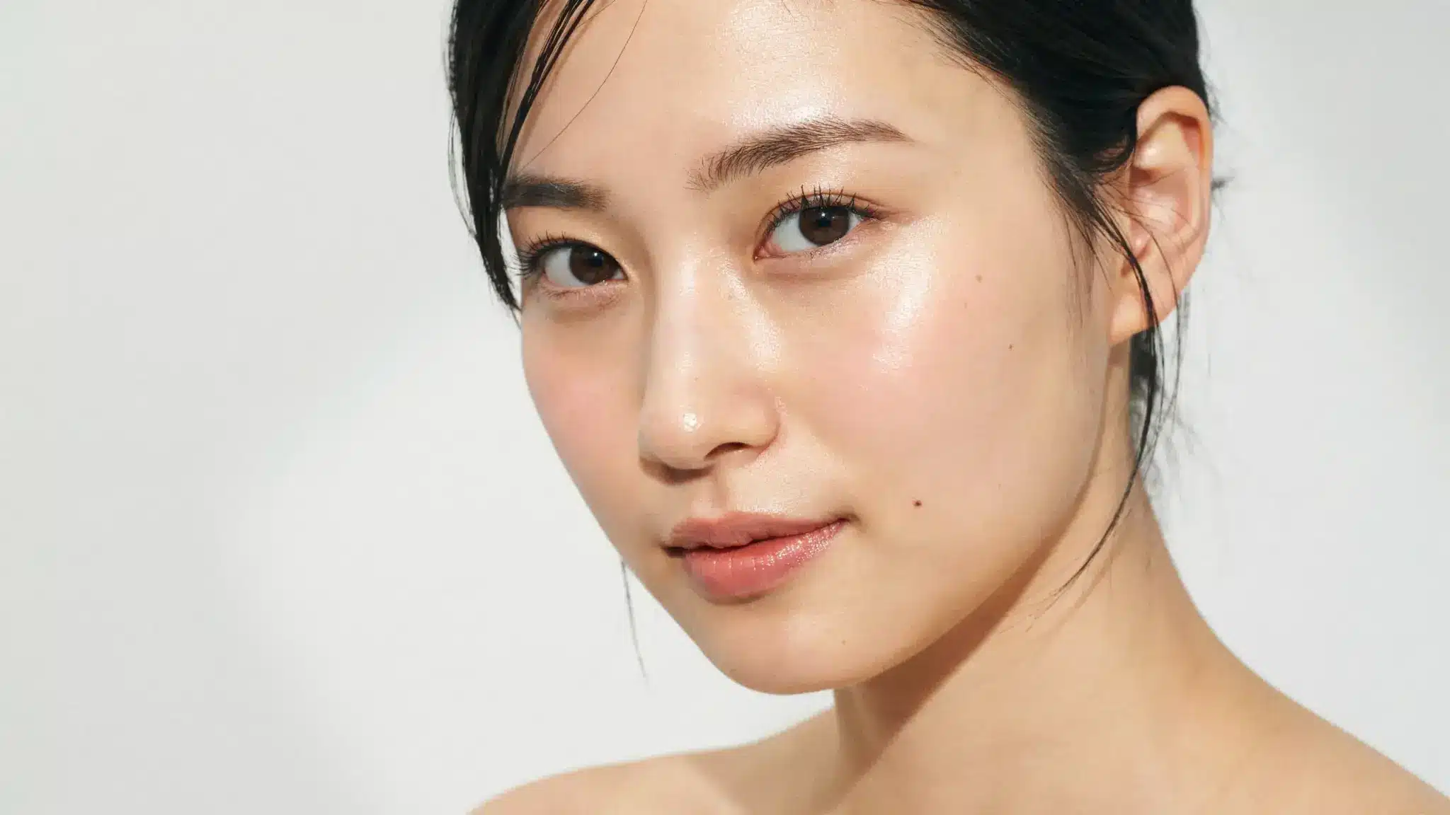 Close-up of a Japanese woman with dewy glowing skin showing the fair flawless japanese beauty standard.