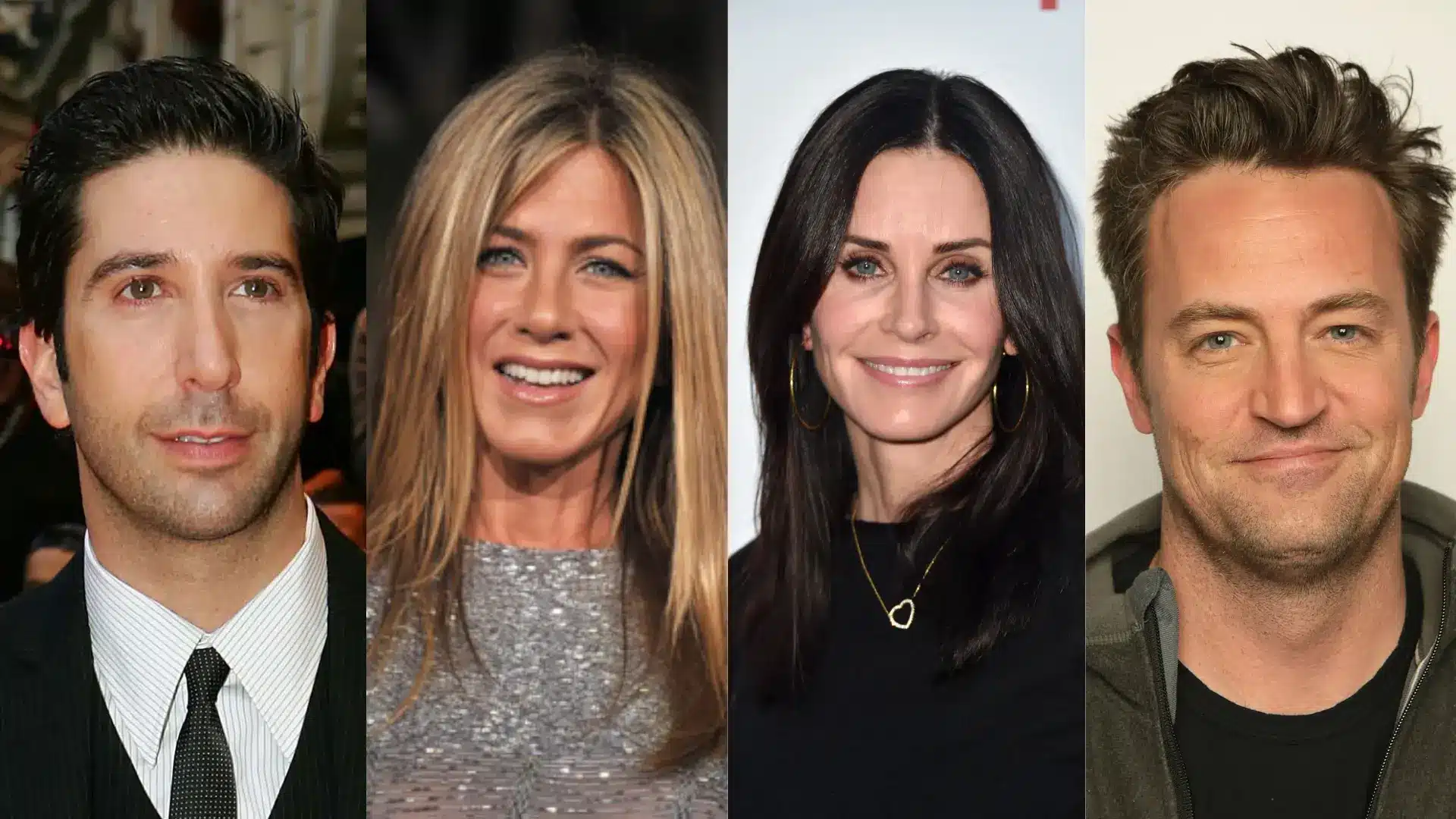 Collage of Friends cast members, david schwimmer, jennifer anniston, courteney cox, matthew perry, in multiple cutout portraits.