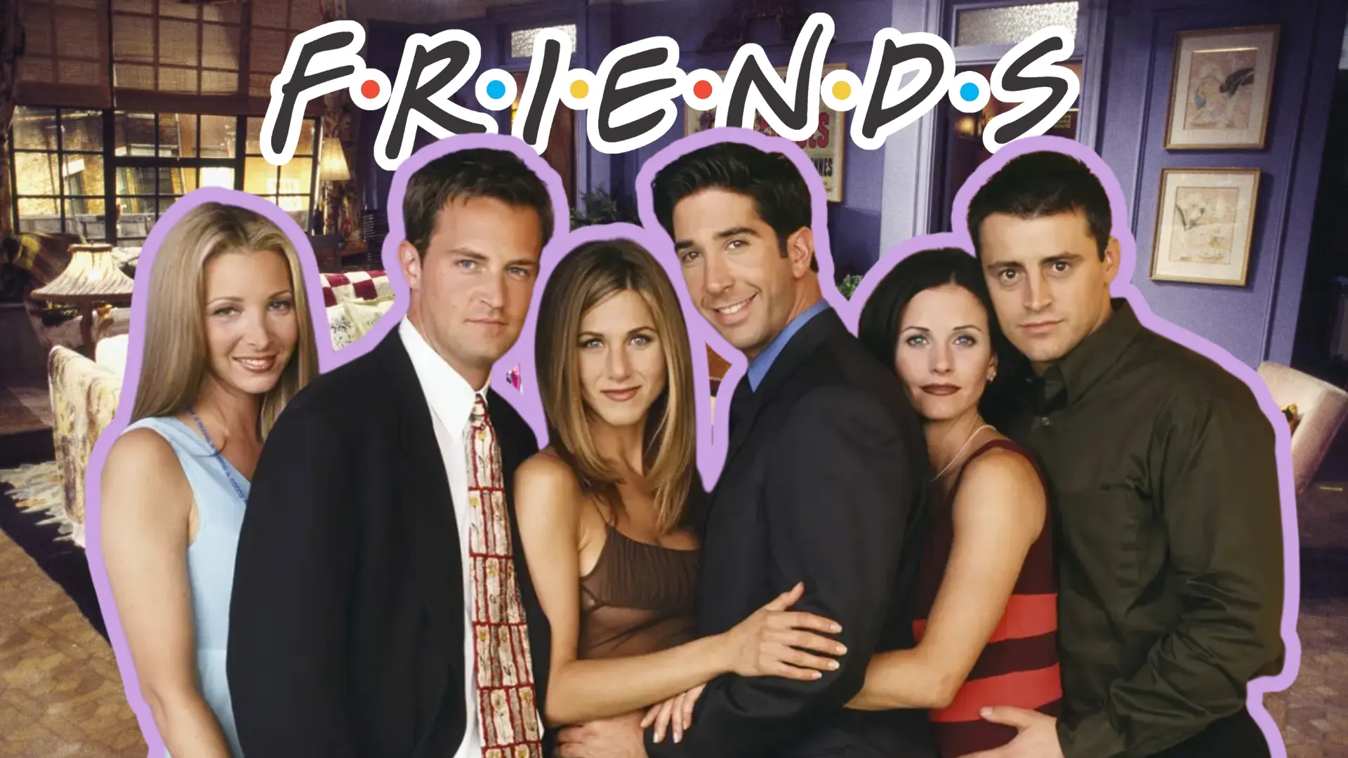 Group image of the Friends main cast with a FRIENDS logo above them, standing together in front of a sitcom apartment background.
