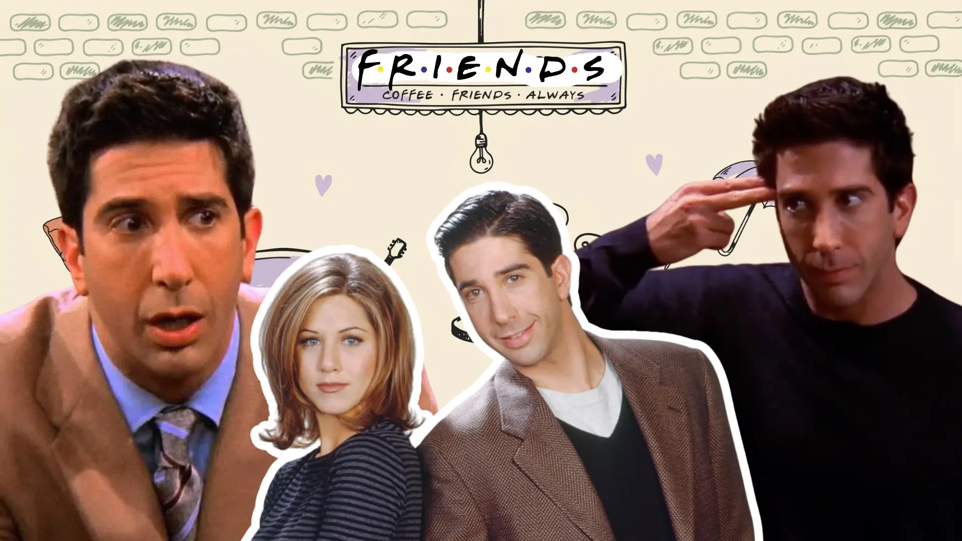 David Schwimmer as Ross Geller alongside other Friends cast members in a promotional-style collage with warm sitcom background.