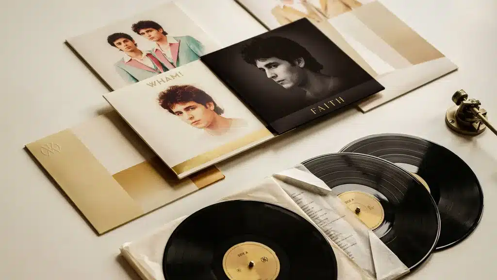 George Michael vinyl album covers and records arranged as a collector’s music catalog display.