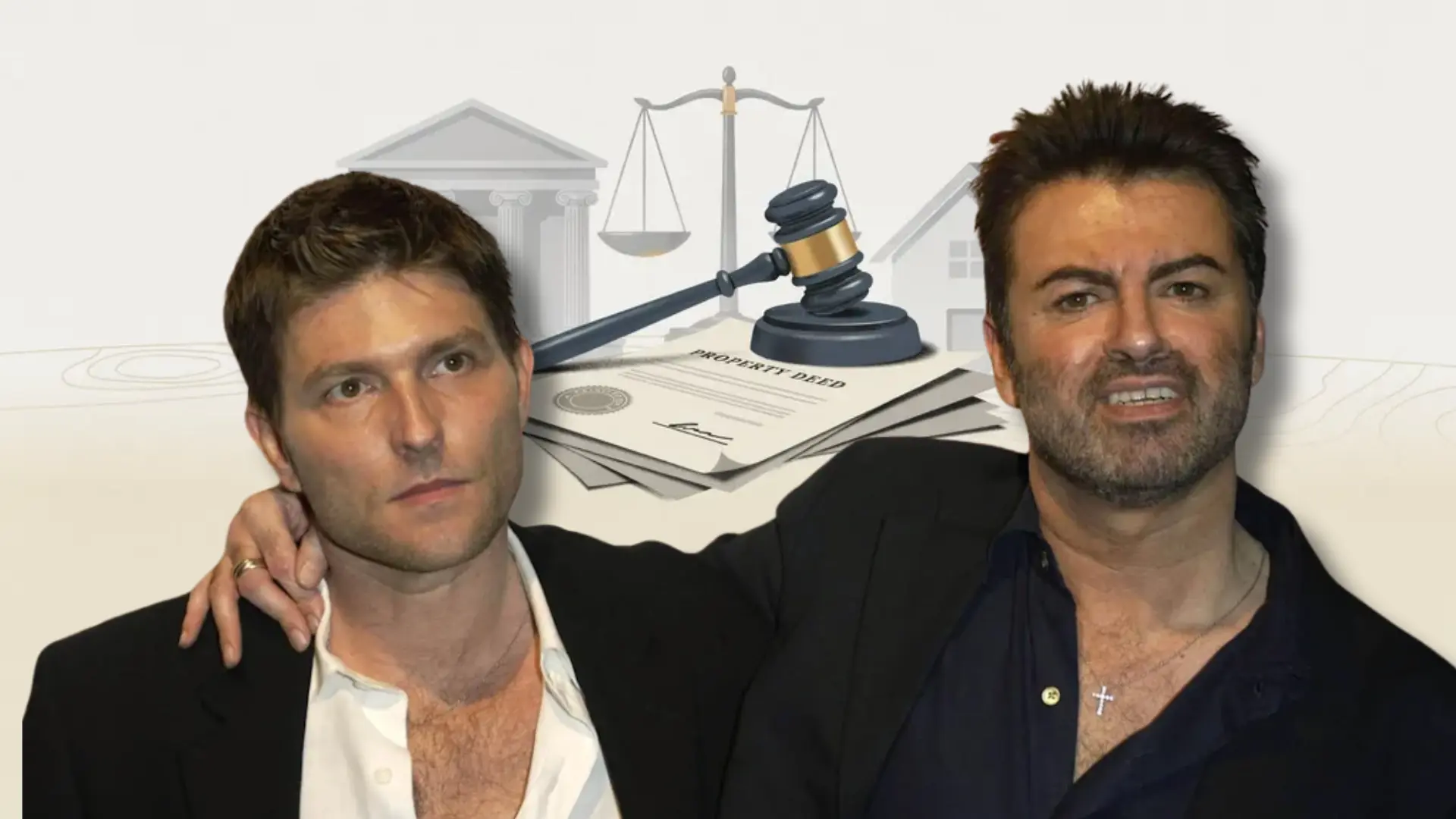 George Michael and Kenny Goss standing together at an event with a legal document graphic behind them.