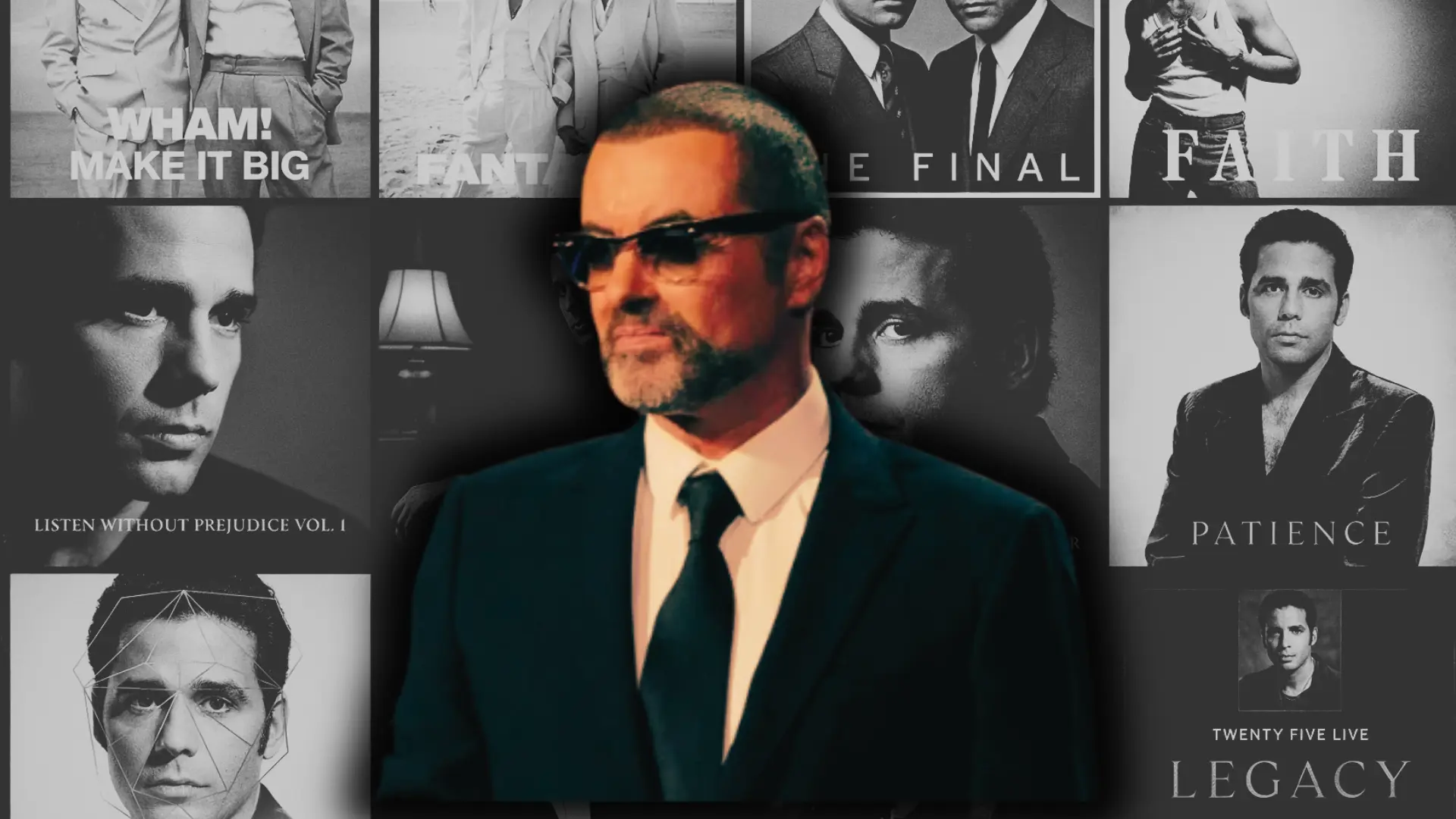George Michael in a suit with album covers displayed in the background highlighting his music career.