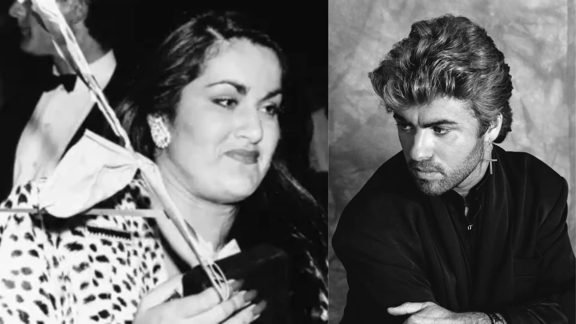 Black and white split image showing George Michael and his sister together in separate portraits.