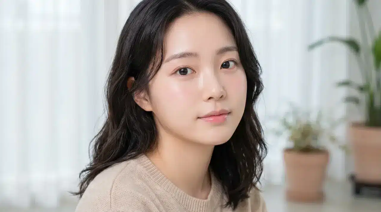 Young Japanese woman with small soft rounded face shape representing the kogao japanese beauty standard.