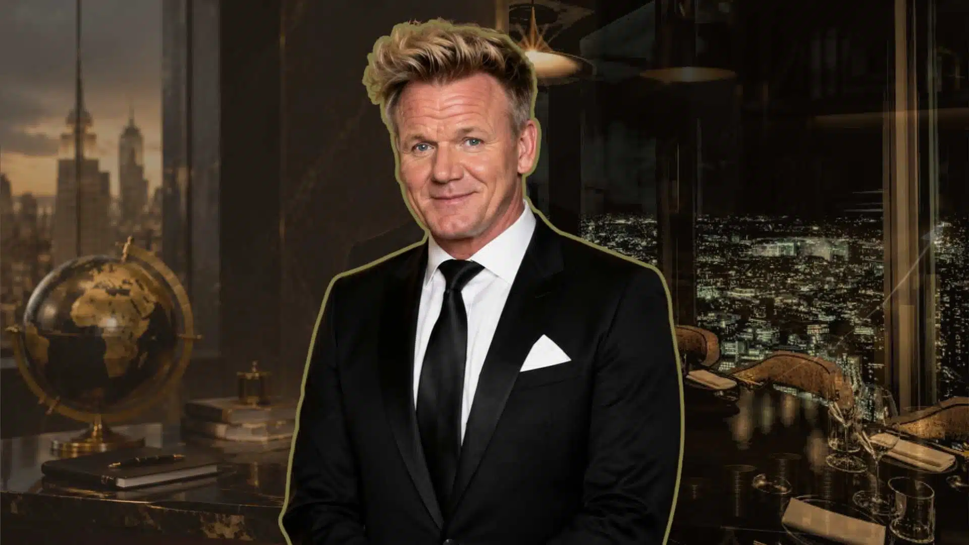 Editorial portrait of Gordon Ramsay in luxury office setting symbolizing net worth, restaurants, TV shows, and global business empire success.