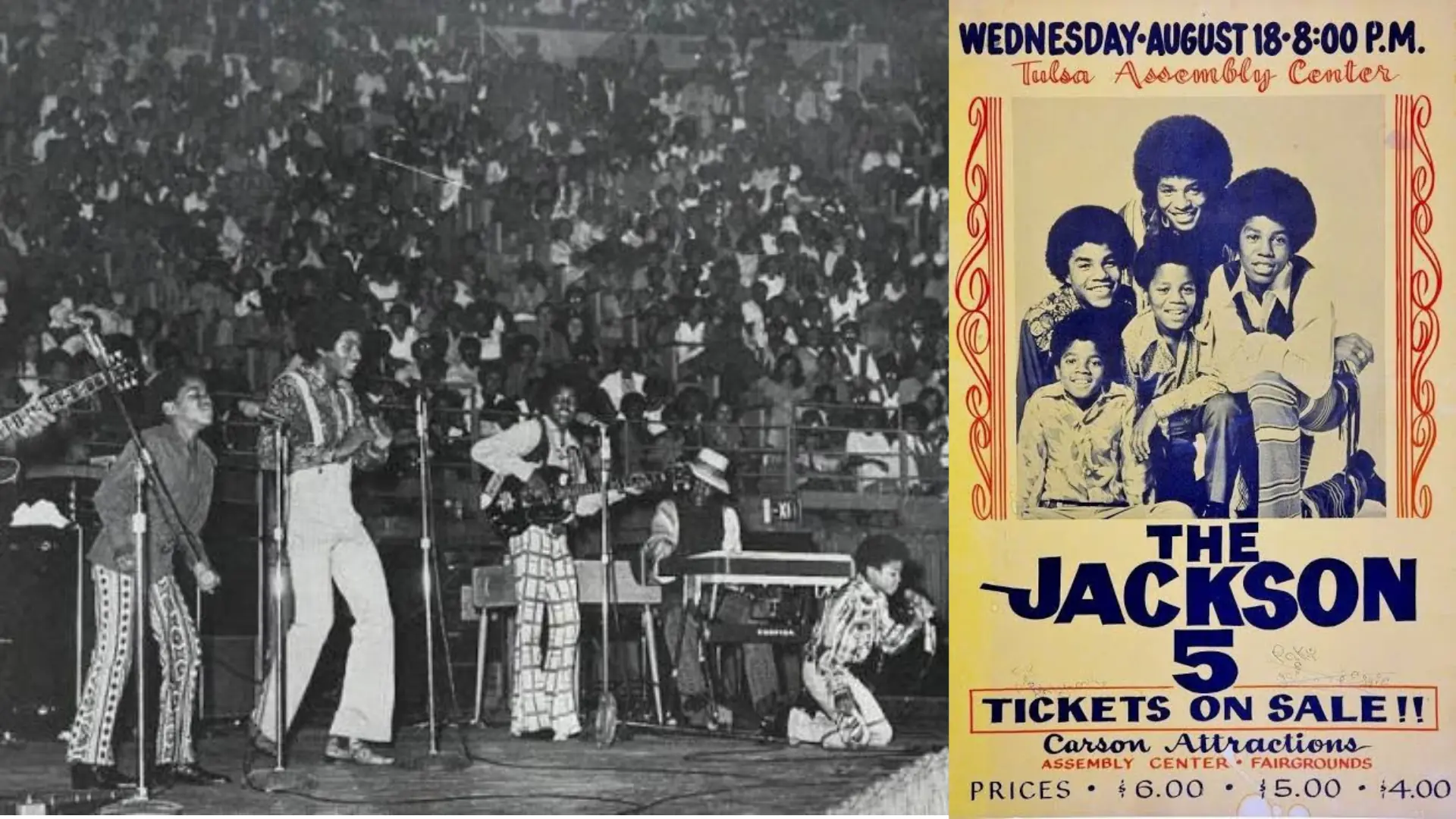 A two-panel image featuring an iconic album cover and the group performing for a large concert crowd