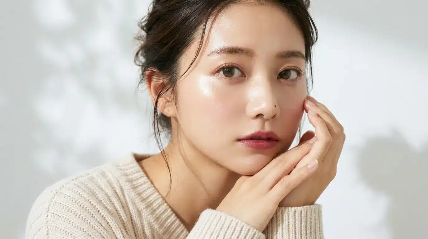 Japanese beauty standards inspired natural makeup portrait of woman with dewy skin soft glowing minimal look.