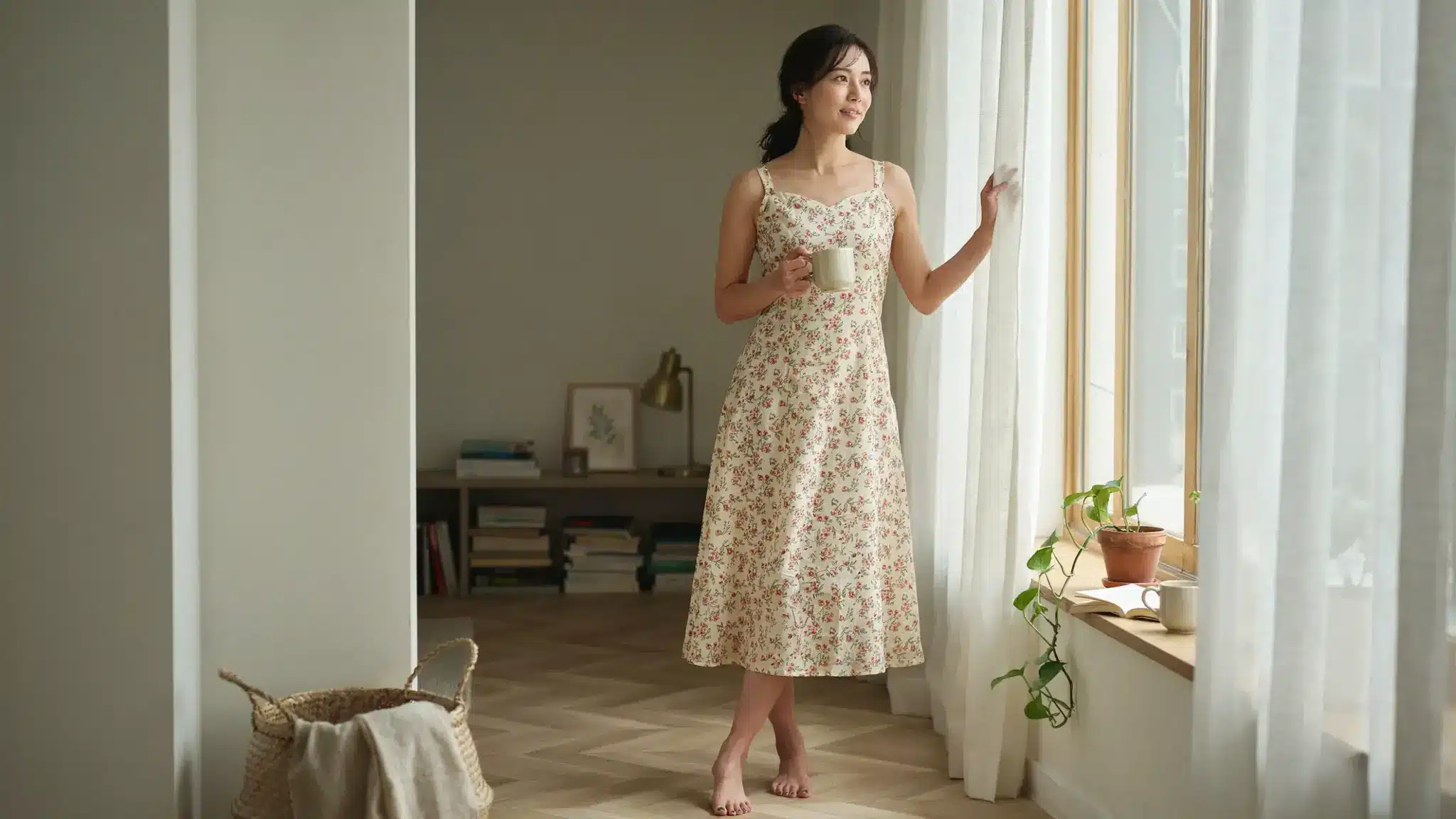 Slim Japanese woman standing gracefully by a window reflecting the body ideals within japanese beauty standards.