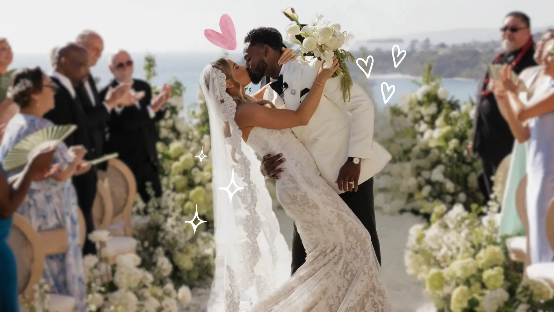 JuJu Smith-Schuster and Laura Kruk kissing at their oceanside California wedding ceremony in July 2026.