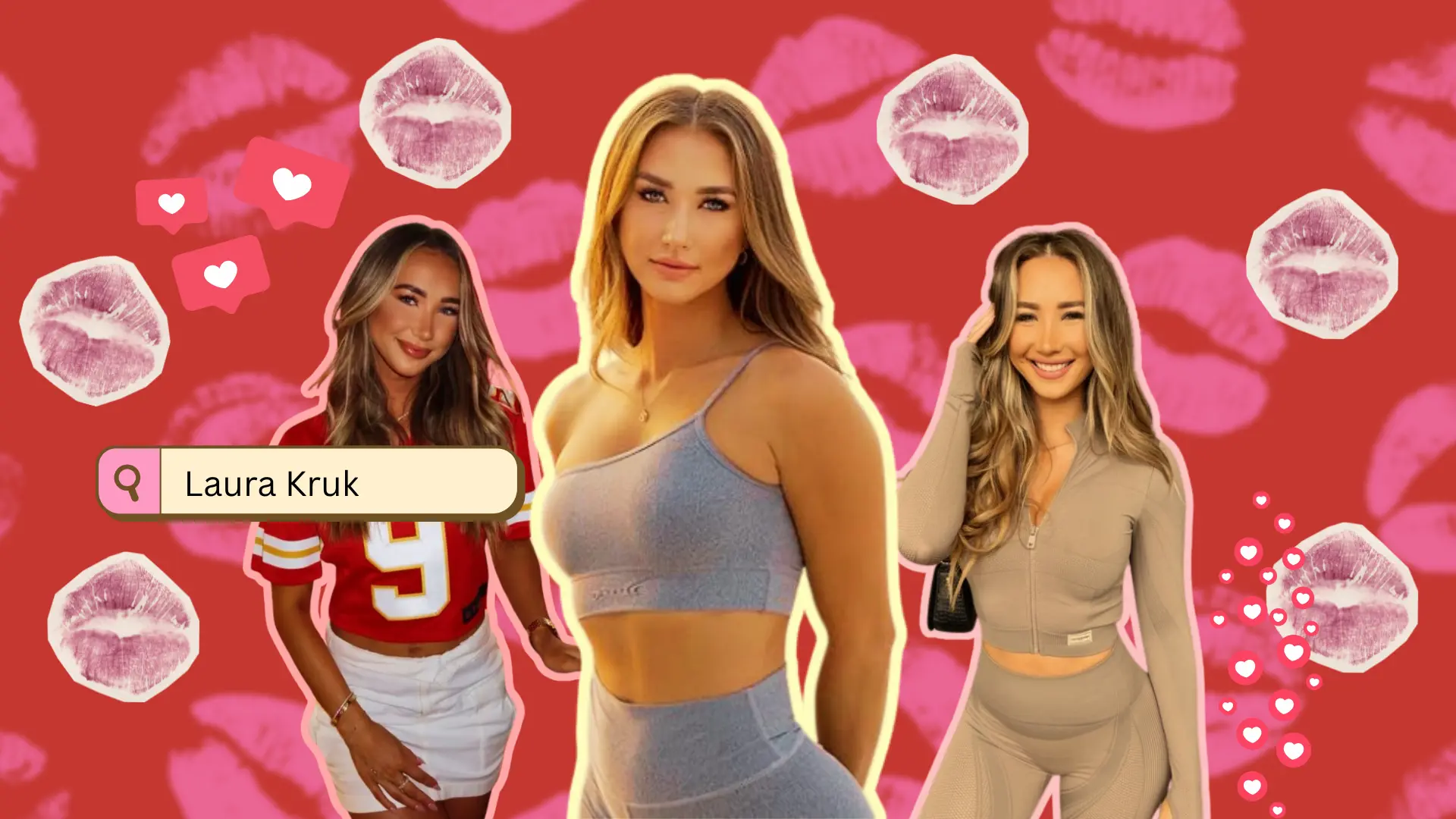 Laura Kruk pictured in a Chiefs jersey and fitness outfits against a red background with a search bar.