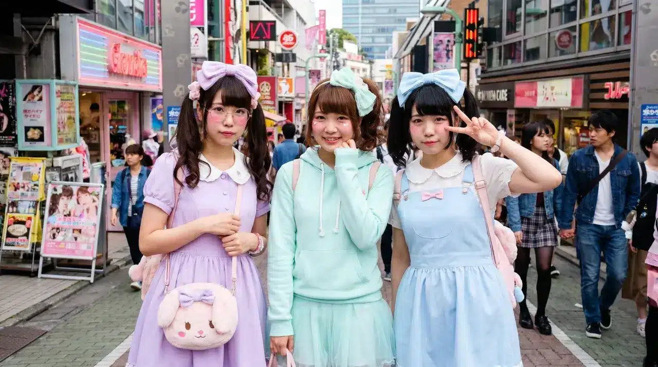 Young Japanese women in kawaii fashion on a Harajuku street showing modern japanese beauty standards.