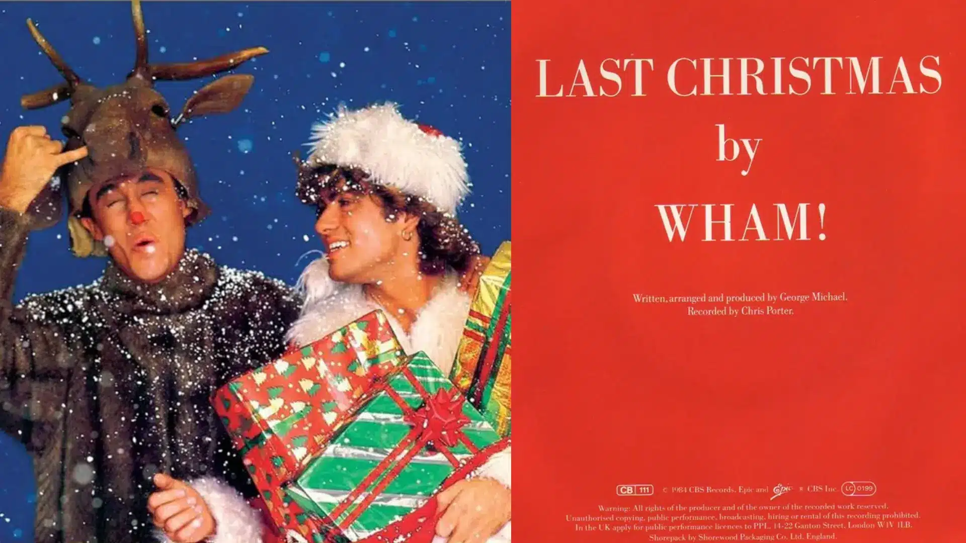 WHAM! members wearing Christmas outfits beside the Last Christmas album artwork.
