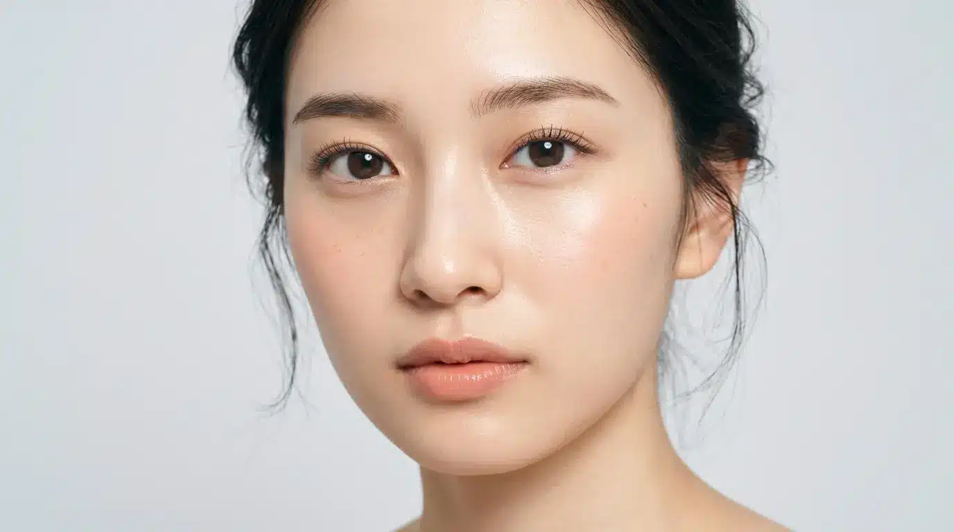 Japanese beauty standards reflected in a close-up portrait showcasing natural skin, soft features, and a minimalist makeup style.