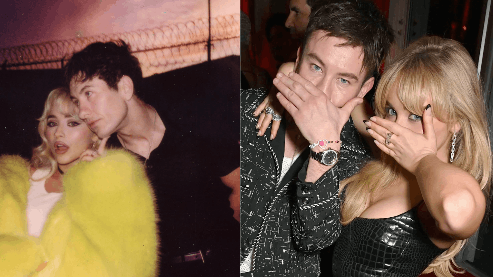 Sabrina Carpenter and Barry Keoghan posing closely together at an event with dim lighting and casual expressions.