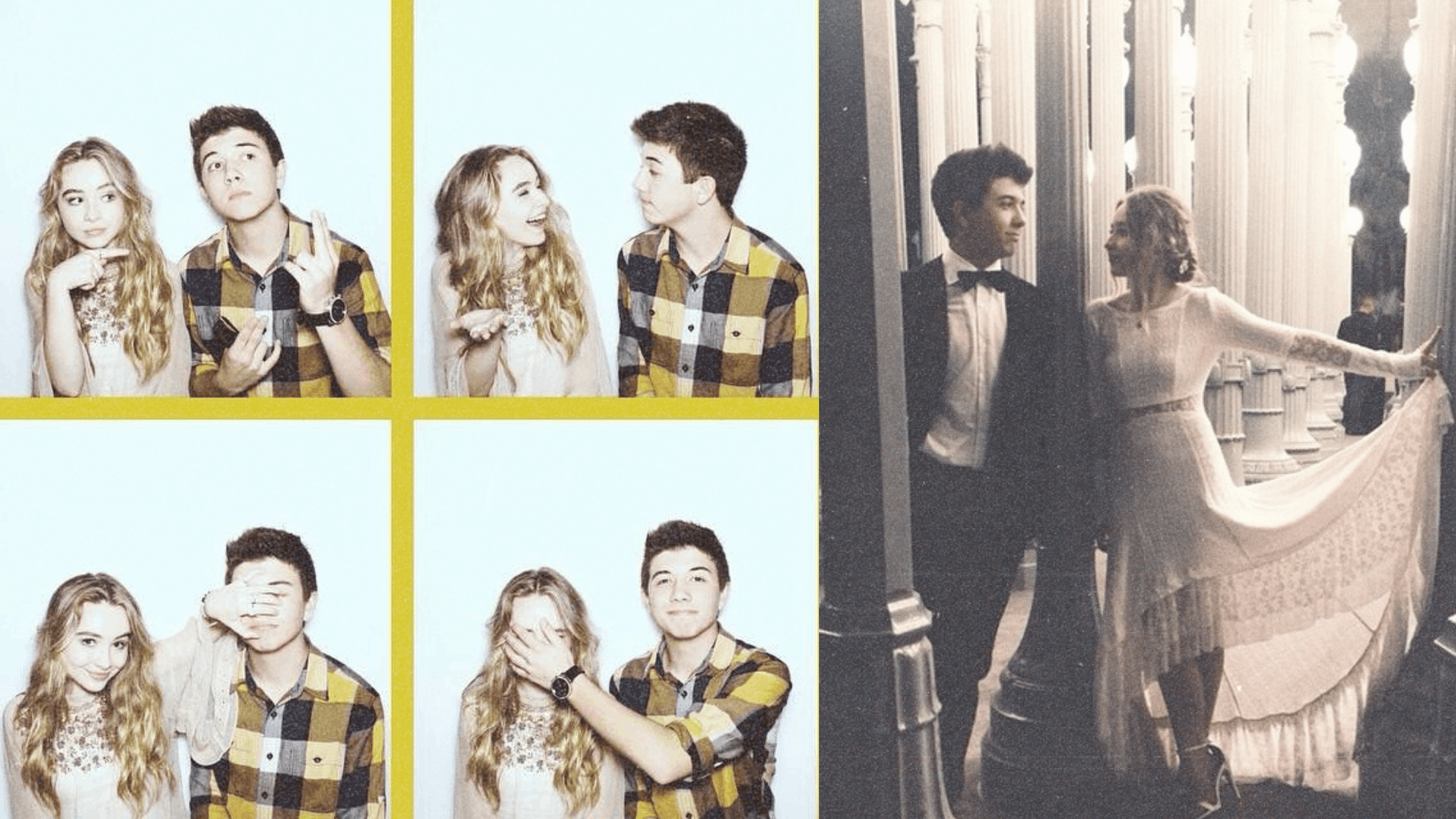 Collage of Sabrina Carpenter and Bradley Simpson in photo booth‑style frames and a formal photo of a couple in evening attire.