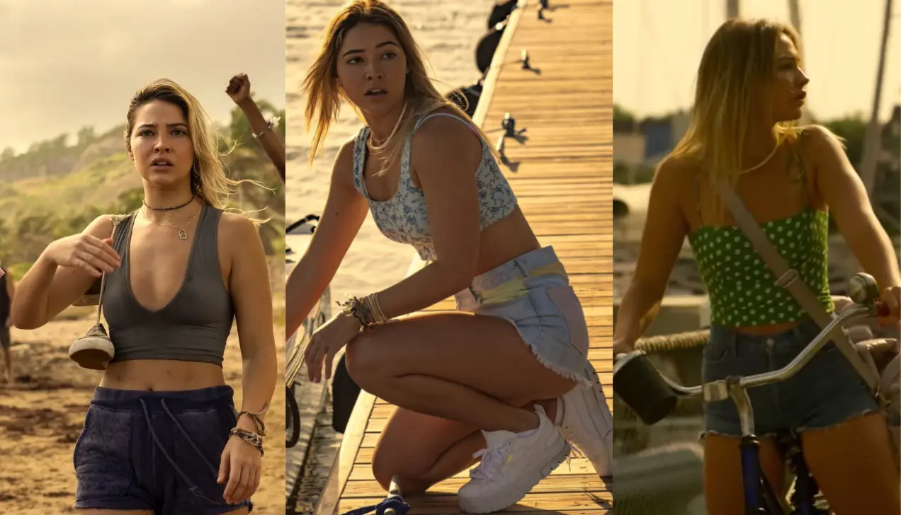 Sarah Cameron outfits Season 3 from Outer Banks featuring relaxed coastal fashion and beach scenes.