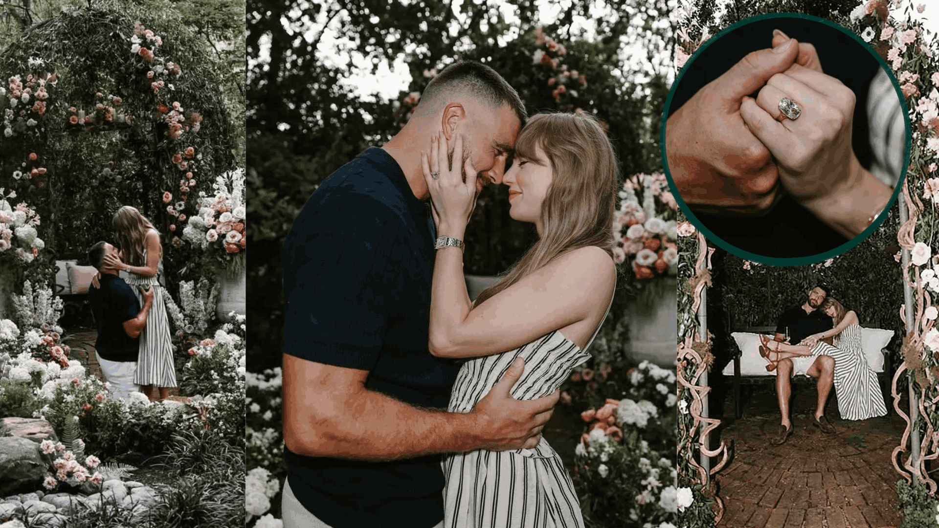 Taylor Swift and Travis Kelce share engagement moments in a flower-filled garden, showcasing her diamond ring.