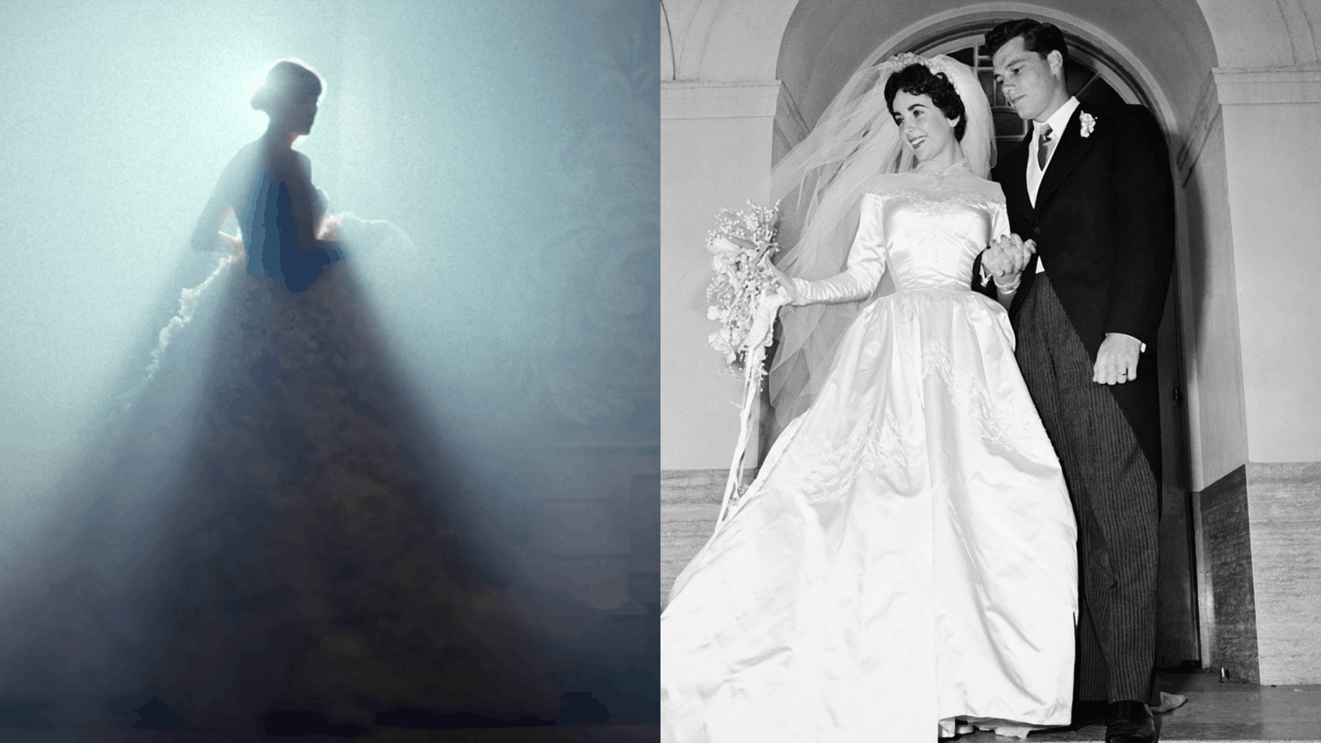Taylor Swift wedding dress inspiration beside Elizabeth Taylor, comparing modern and timeless styles.