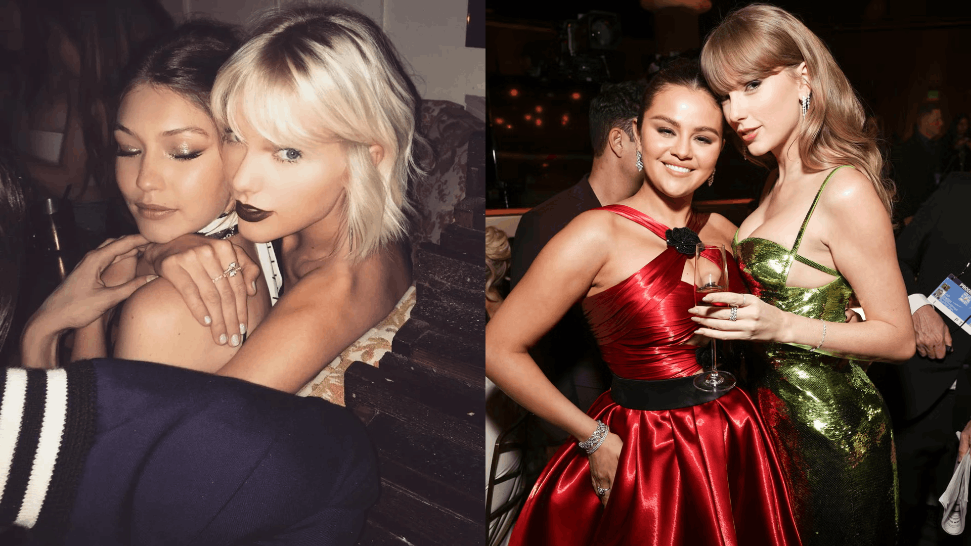 Taylor Swift poses with Selena Gomez and Gigi Hadid during glamorous social and industry events.