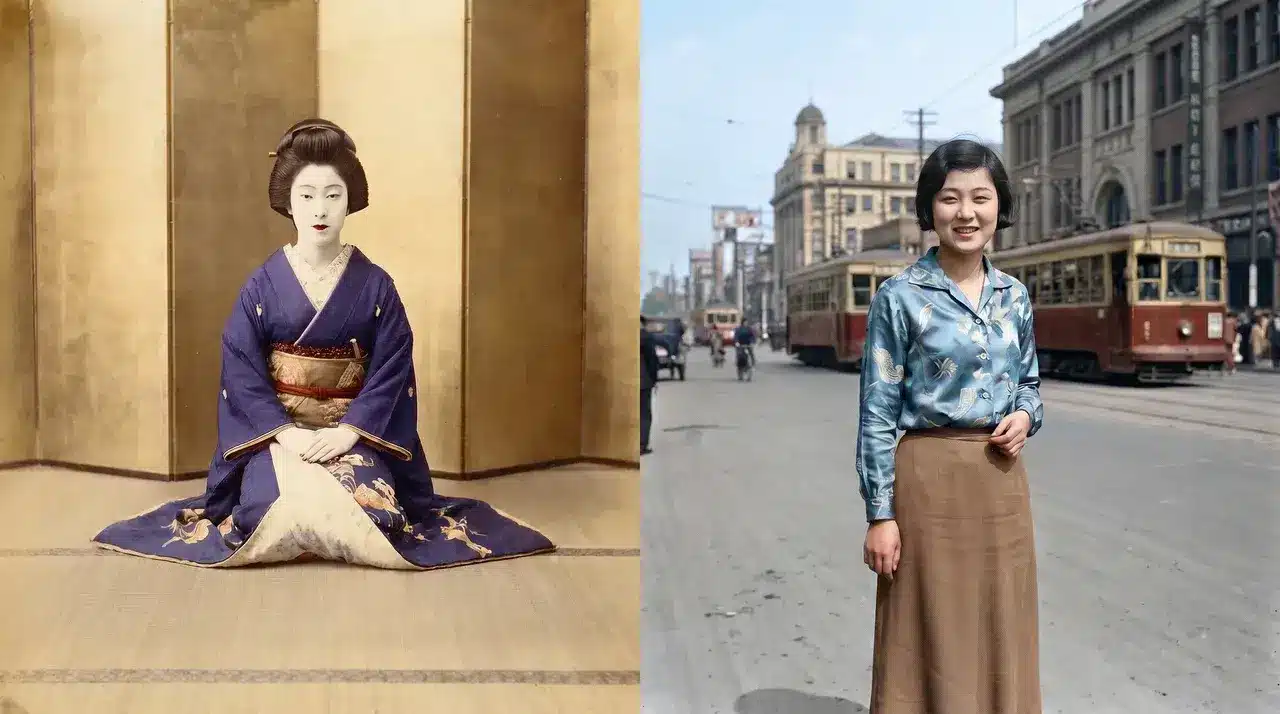Split image showing traditional and Western-influenced Japanese beauty standards during the Meiji era shift.