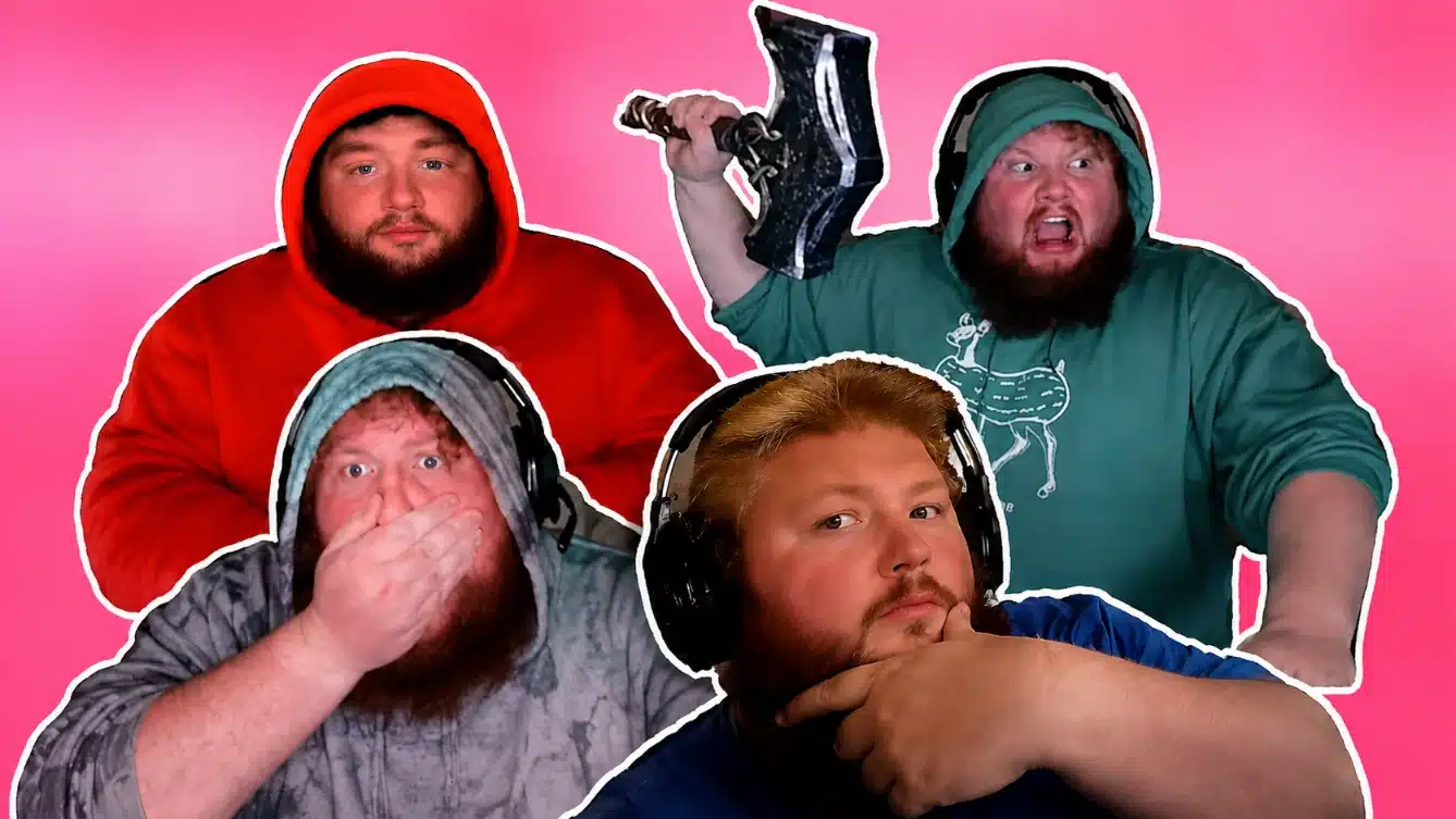 ### who-is-caseoh(1).webp  Four cutout images of streamer CaseOh in different reaction poses on a pink gradient background, showing expressive gaming and meme moments.