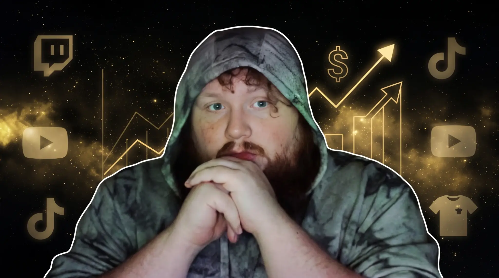 CaseOh cutout on a dark galaxy background with subtle golden upward graph elements symbolizing streaming growth, income rise, and millionaire potential.