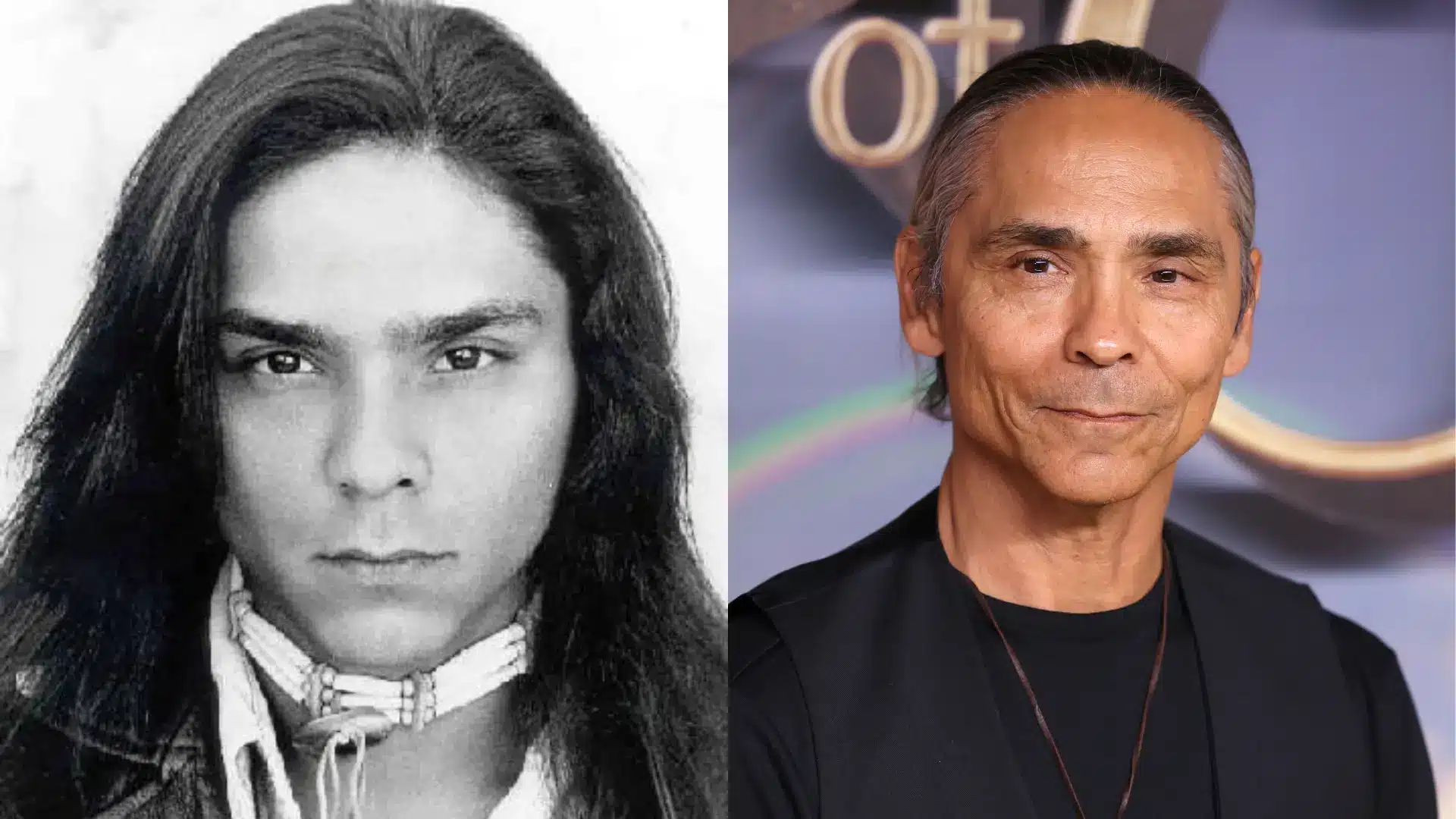 Black and white portrait of a young Zahn McClarnon looking directly at the camera, beside a current portrait of Zahn McClarnon.