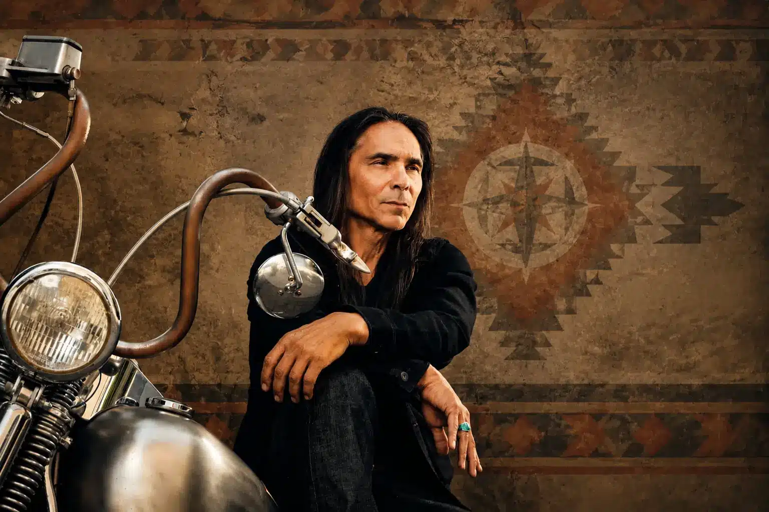 Zahn McClarnon seated beside a motorcycle, looking off-camera, with a textured cultural patterned background.
